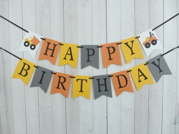 Construction Trucks Birthday Party Baby Shower Flag Pennant Banner Sign Orange Yellow Grey Black Transportation Il_570xn