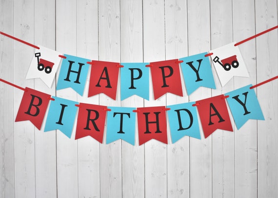Red Wagon Birthday Party Baby Shower Flag Pennant Banner Red Turquoise Aqua Blue Silver Glitter Sign Il_570xn