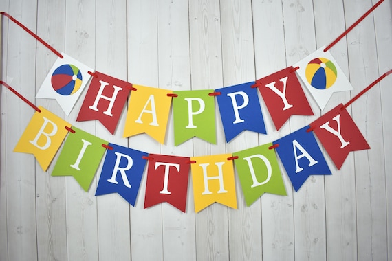 Beach Ball Pool Birthday Party Baby Shower Flag Pennant Banner Sign Red Yellow Green Royal Blue Silver Il_570xn