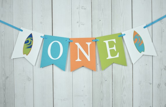 Surf Board Surfer ONE Age High Chair Birthday Party Baby Shower Flag Pennant Banner Sign Orange Green Turquoise Roal Blue Il_570xn