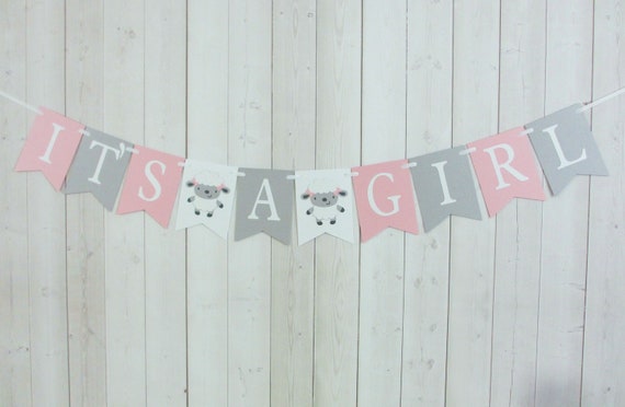 Lamb Sheep Baby Shower Birthday Party It's A Girl Flag Pennant Banner Sign Pink Grey Woodland Il_570xn