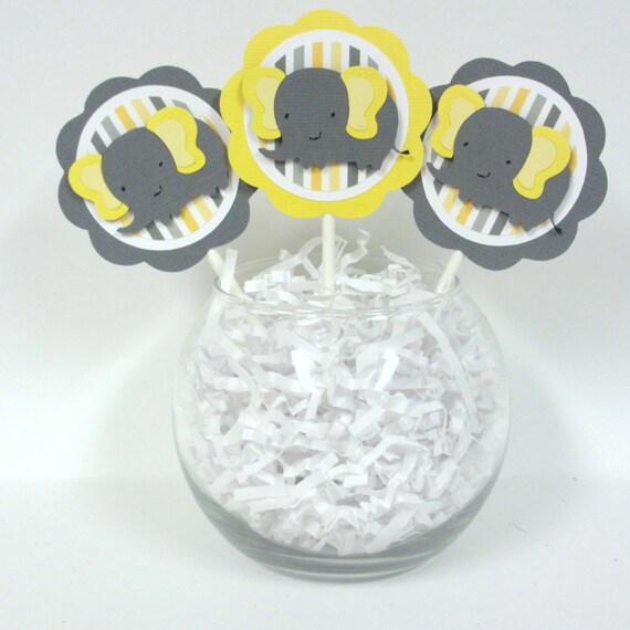 Elephant Baby Shower Birthday Cupcake Toppers Yellow Grey Set of 12 Il_570xn