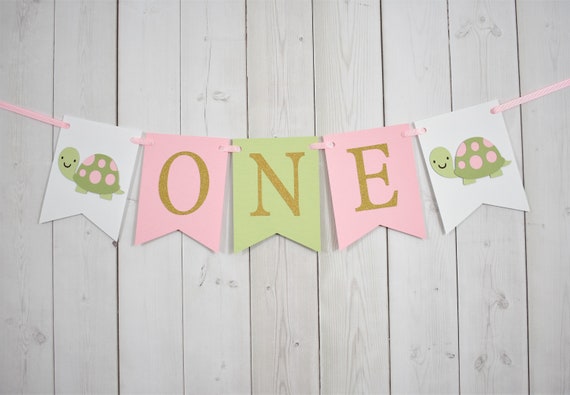Turtle ONE Age High Chair Birthday Party Baby Shower Flag Pennant Banner Sign Pink Green Gold Glitter Il_570xn