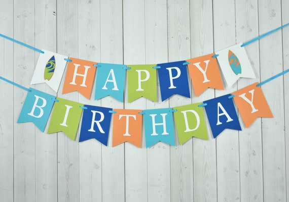 Surf Board Surfer Birthday Party Baby Shower Flag Pennant Banner Sign Turquoise Royal Blue Orange Green Il_570xn