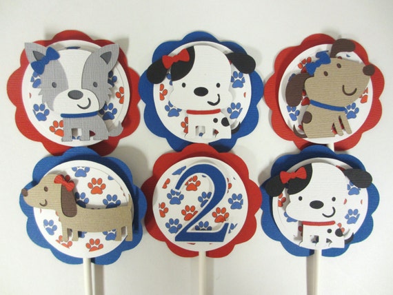 Dog Puppy Birthday Party Shower Cupcake Toppers Set of 12 Royal Blue Red Il_570xn