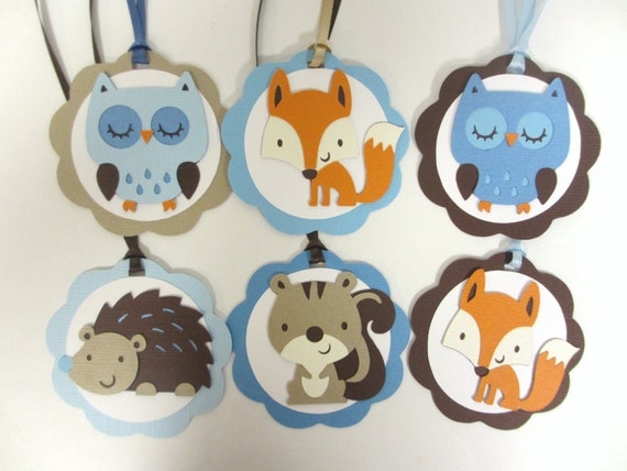 Woodland Animal Birthday Party Shower Gift Favor Tags Set of 12 Brown Blue Beige Fox Owl Hedgehog Squirrel Il_570xn