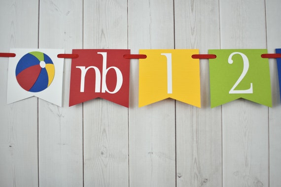 Beach Ball Pool 12 Month First Year Photo Banner Pennant Flag Sign Birthday Party Yellow Royal Blue Red Green Il_570xn