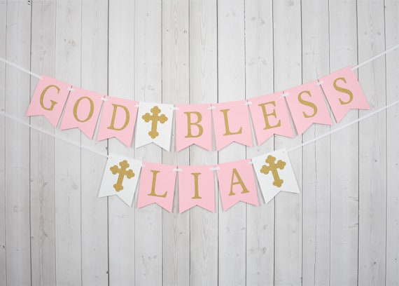 Pastel Pink Gold Glitter Cross God Bless Banner Sign Baptism Communion Confirmation Il_570xn