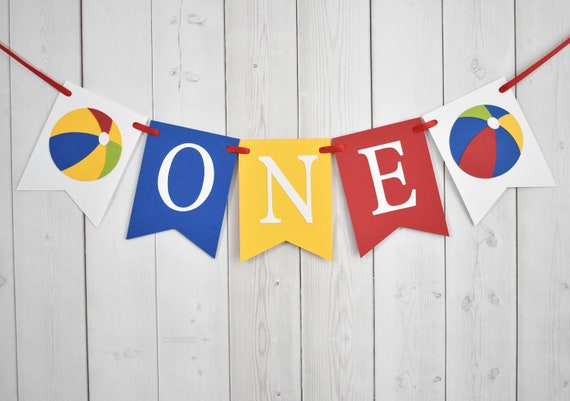 Beach Ball Pool ONE Age High Chair Birthday Party Baby Shower Flag Pennant Banner Sign Red Yellow Royal Blue Il_570xn