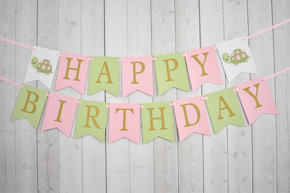 Turtle Birthday Party Baby Shower Flag Pennant Banner Sign Pink Green Mint Gold Glitter Il_570xn