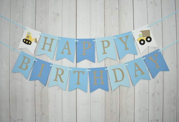 Construction Trucks Birthday Party Baby Shower Flag Pennant Banner Sign Light Blue Ombre Transportation Il_570xn