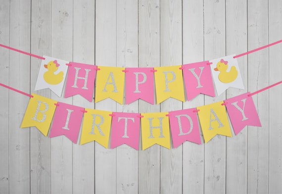 Rubber Duck Ducky Birthday Party Baby Shower Flag Pennant Banner Sign Yellow Pink Silver Glitter Summer Il_570xn