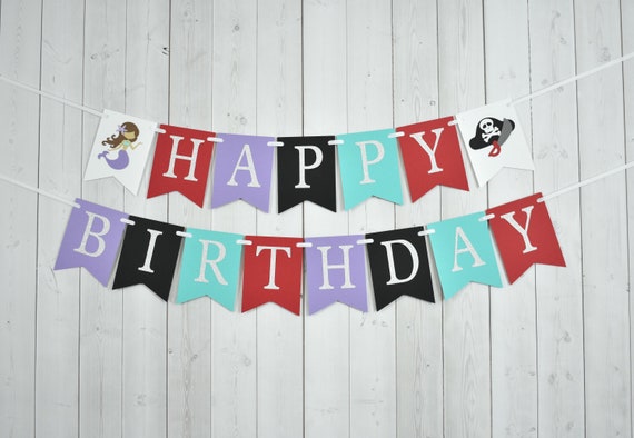 Mermaid Pirate Birthday Party Baby Shower Flag Pennant Banner Sign Teal Aqua Blue Purple Silver Glitter Boy Girl Twins Il_570xn