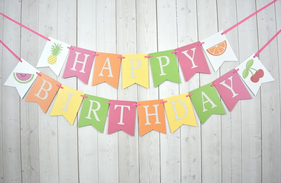 Watermelon Pineapple Fruit Birthday Party Baby Shower Flag Pennant Banner Sign Green Pink Orange Yellow Silver Glitter Summer Il_570xn