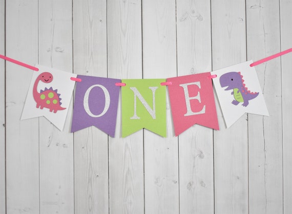 Dinosaur Dino ONE Age High Chair Birthday Party Baby Shower Flag Pennant Banner Sign Pink Purple Green Silver Glitter Il_570xn