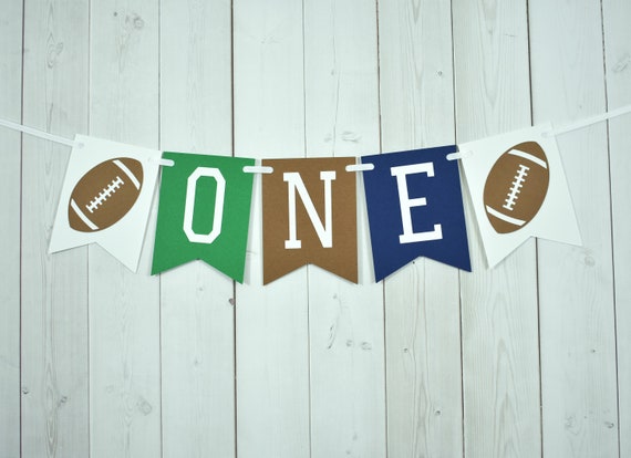 Football ONE Age High Chair Birthday Party Baby Shower Flag Pennant Banner Sign Brown Navy Blue Sports Il_570xn