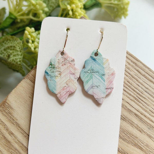 mini size, pastel watercolor herringbone print cork on leather moroccan shape earring