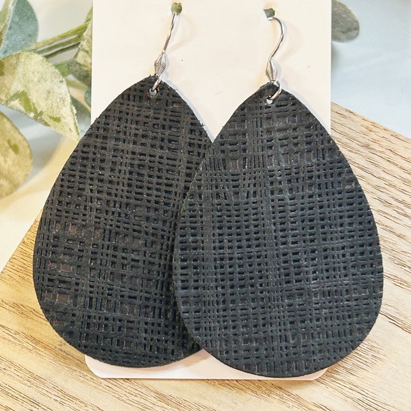 Large size, black linen texture leather teardrop earring