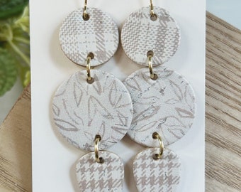 Large size, neutral plaid and neutral leaf print cork on leather linked earring