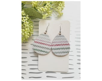 Mini size, pastel squiggly lines cork on leather teardrop shape earring