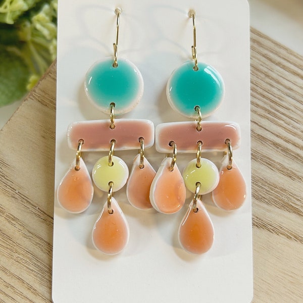 Classic size, ceramic look linked clay dangle earring