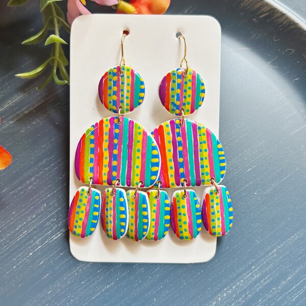 Large size, resin coated bright colors lines and dots linked clay earring