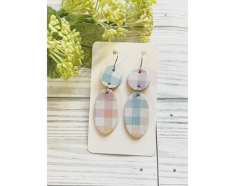 Classic size, pastel gingham check leather oval and leather disc linked earring