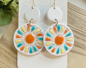 Classic size, ceramic look linked sun shape clay earring