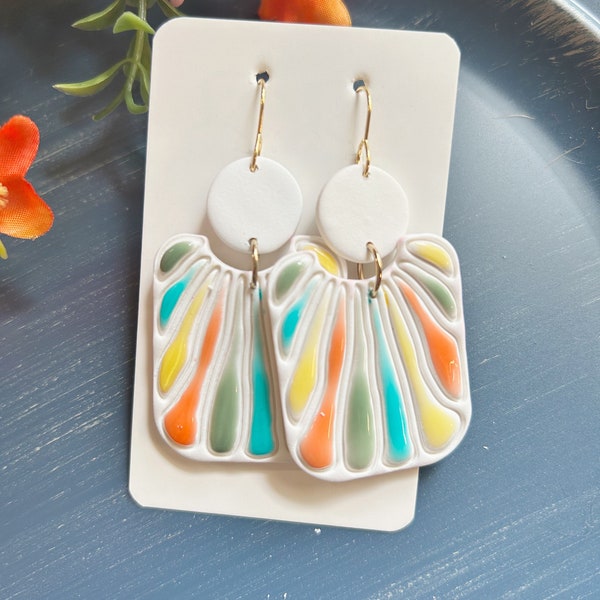 Classic size, ceramic look  boho rectangle shape clay earring linked to a white clay connector