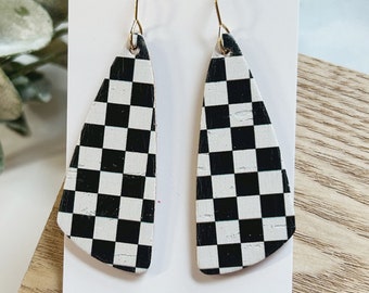 Classic size, black and white checkerboard cork on leather wedge shape earring