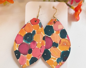 Large size, multi color watercolor bubbles  cork on leather petal shape earring