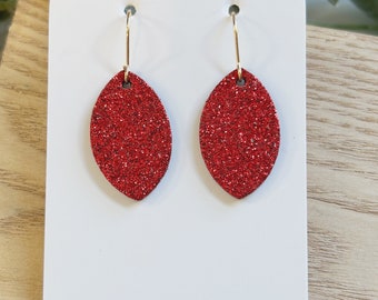 Micro mini size, red fine glitter leather petal cutout earring