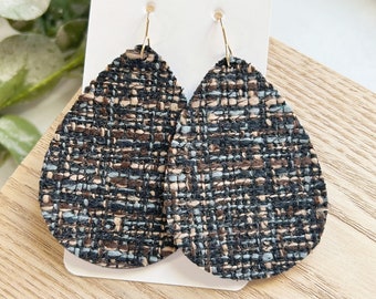 Large size, blue, brown and black leather backed tweed leather teardrop earring