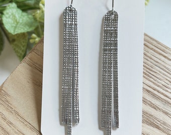 Large size, silver skinny fringe leather earring