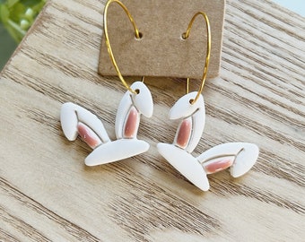 Mini size, bunny ears clay earring on a gold hoop