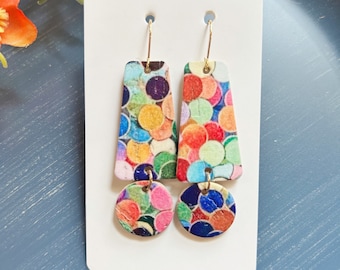 Classic size, colorful confetti linked leather backed cork earring