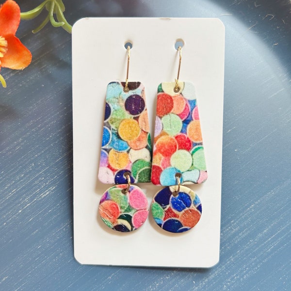 Classic size, colorful confetti linked leather backed cork earring