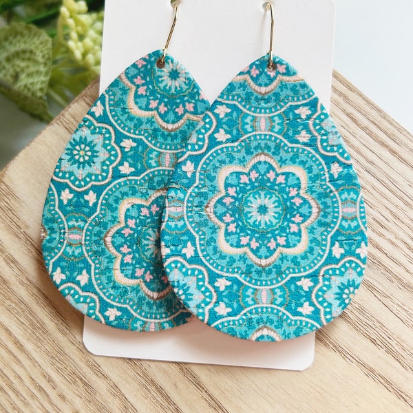 Large size, teal mandala print cork on leather teardrop shape earring