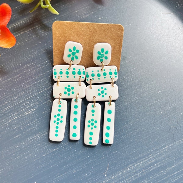 Large size, resin coated hand painted teal and white linked clay earring