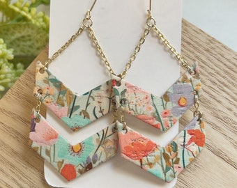 Large size, boho floral print cork on leather earring on a gold chain