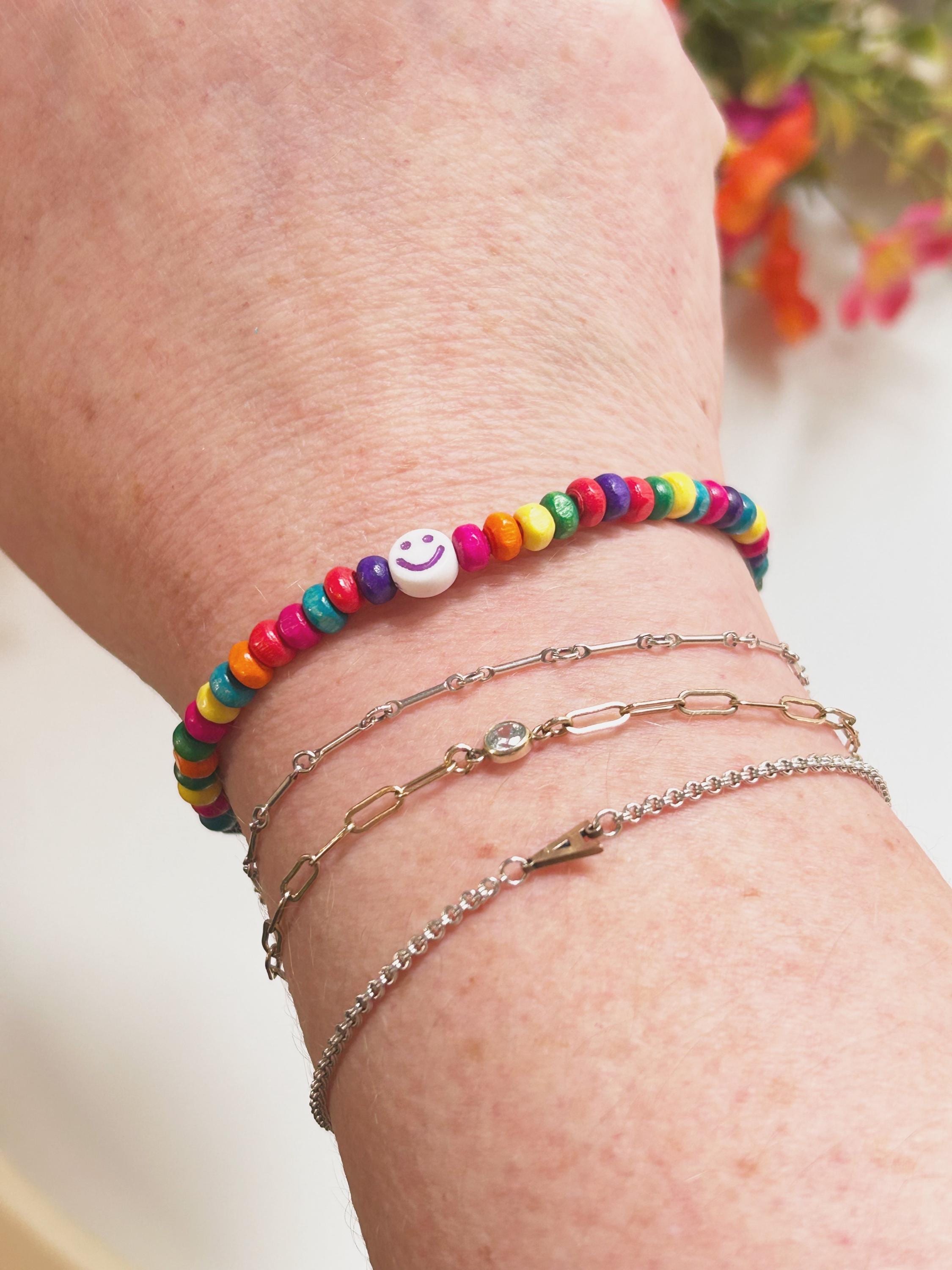 multi color bright beaded bracelet with Smiley face bead
