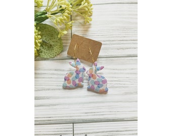 Classic size, resin coated Easter egg print rabbit shaped clay earring on a gold hoop