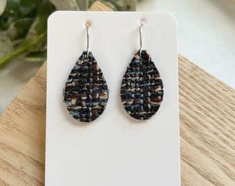 Micro mini size, blue, brown and black leather backed tweed leather teardrop earring