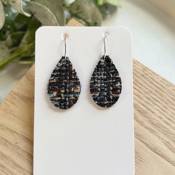 Micro mini size, blue, brown and black leather backed tweed leather teardrop earring