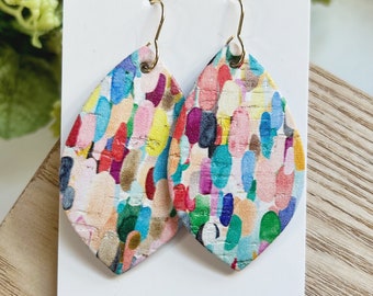 Classic size, multi color bright dashes print cork on leather petal shape earring