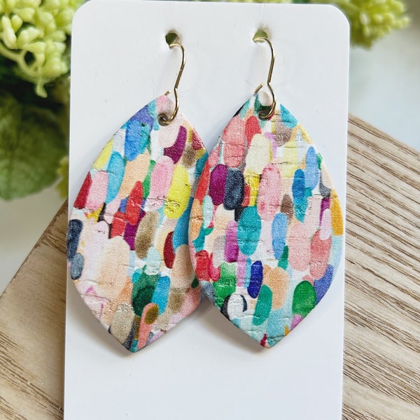 Classic size, multi color bright dashes print cork on leather petal shape earring