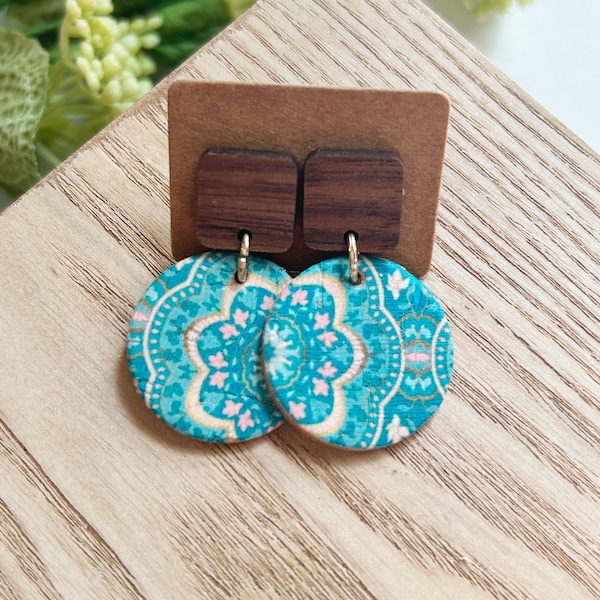 Mini size, teal mandala print cork on leather  disc earring linked to a wood stud connector