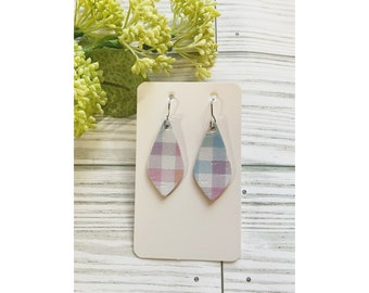 Mini size, pastel gingham cork on leather curved teardrop earring