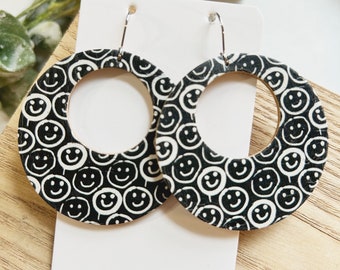 Classic size, black and white smiley face print cork on leather open circle earring