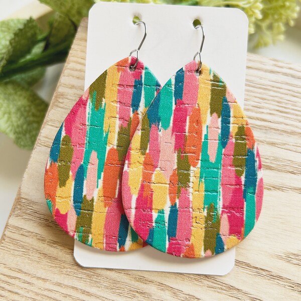 Large size, bright paint strokes print cork on leather teardrop earring